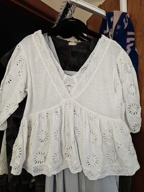 Free People Boho White Eyelet Lace Peasant Tunic